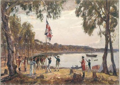 A historical scene depicting the establishment of the colony at Sydney Cove in 1788.